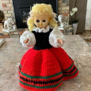 Vintage doll with hand knitted clothes, adorable, rare find, size 13 in